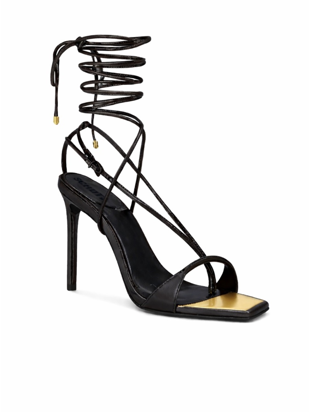 Like New SCHUTZ Black Lace-Up Stiletto Sandal with Gold Toe Plate